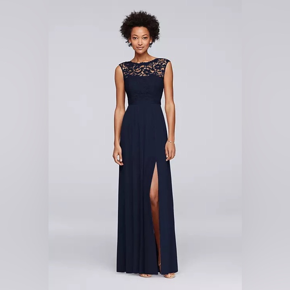 David’s Bridal lace dress w long mesh skirt in marine